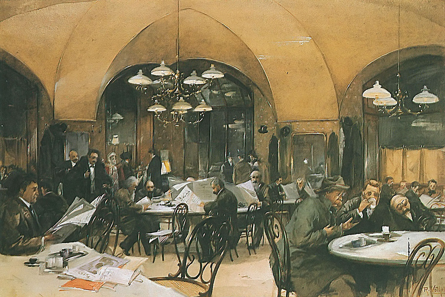 Aquarell einer Wiener Kaffeehausszene: Gäste lesen Zeitungen an Marmortischen unter einem Gewölbe mit Lüstern