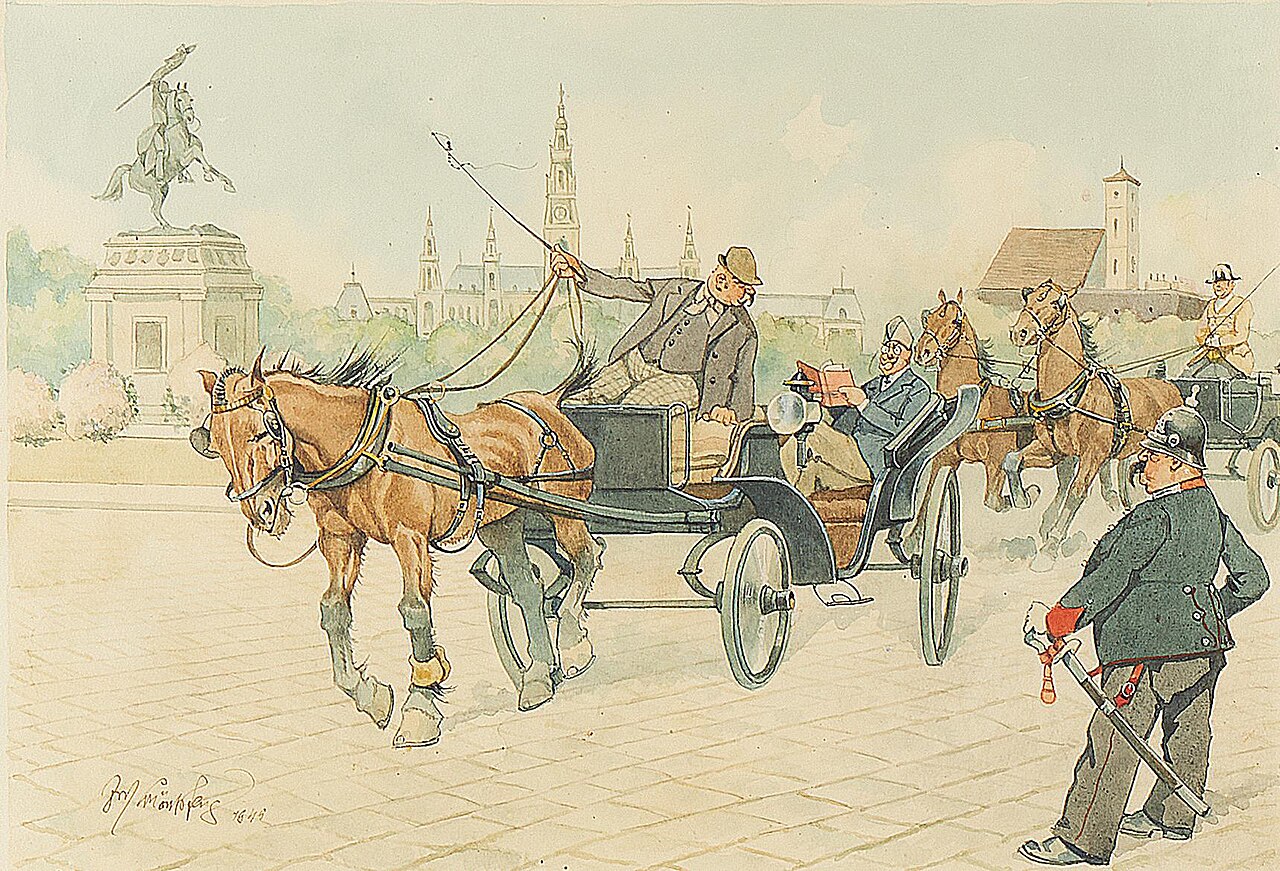 Aquarell: Ein Fiaker mit Melone lenkt seine Kutsche über den Heldenplatz, ein Fahrgast liest, ein Wachmann schaut zu