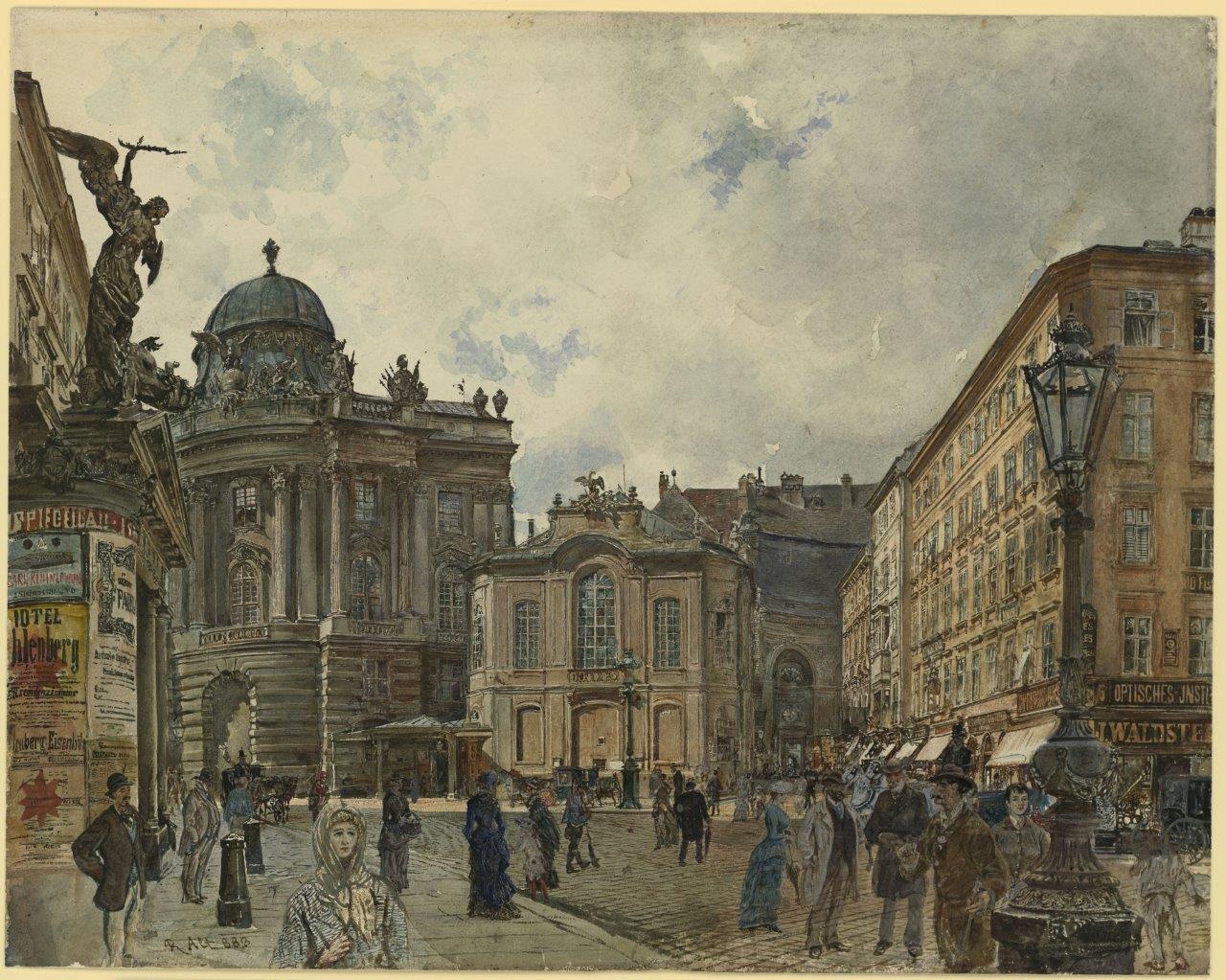 Aquarell: Das Michaelertor der Hofburg und das alte Burgtheater in Wien