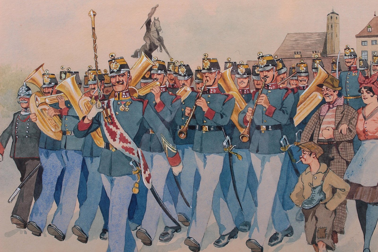 Aquarell: Eine Militärkapelle marschiert durch die Straße