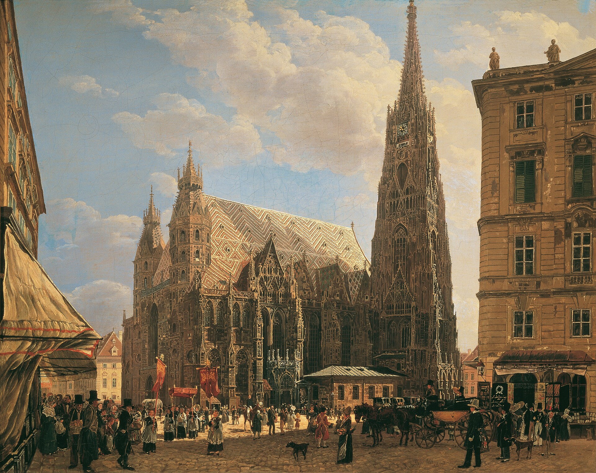 Gemälde: Der Stephansdom in Wien mit Prozession, Kutschen und Passanten auf dem Stephansplatz